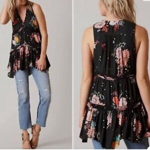 FREE PEOPLE PURPLE HAZE PRINTED‎ V-NECK FLORAL FLORAL TUNIC TIERED TOP/DRESS